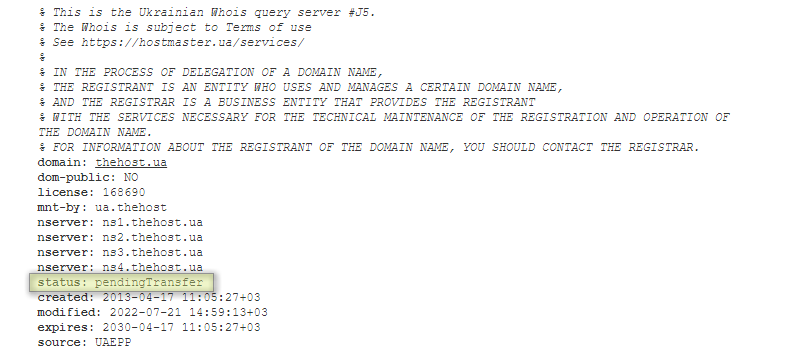 Domain Status Pending Transfer