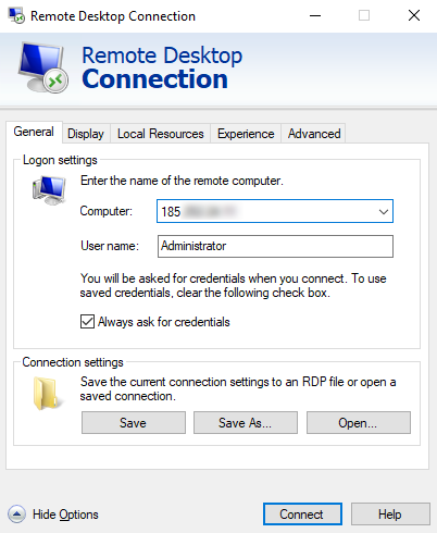 RDP, connection data