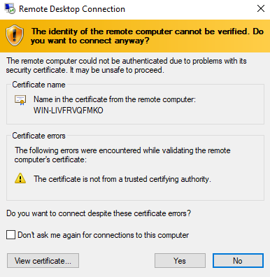 RDP, accept security certificate