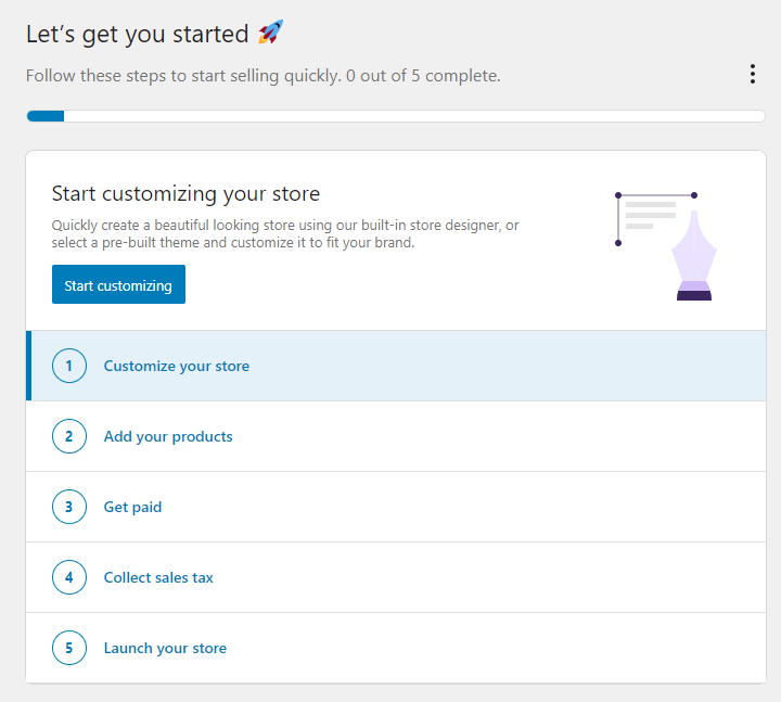 WooCommerce, вкладка Home